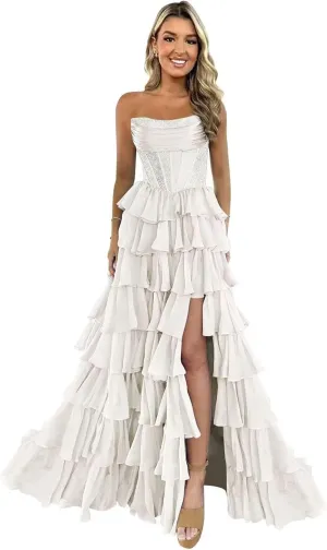 LECOYOYO Tiered Chiffon Prom Dress for Women 2025 Strapless Sparkly Sequins Formal Evening Gowns with Slit