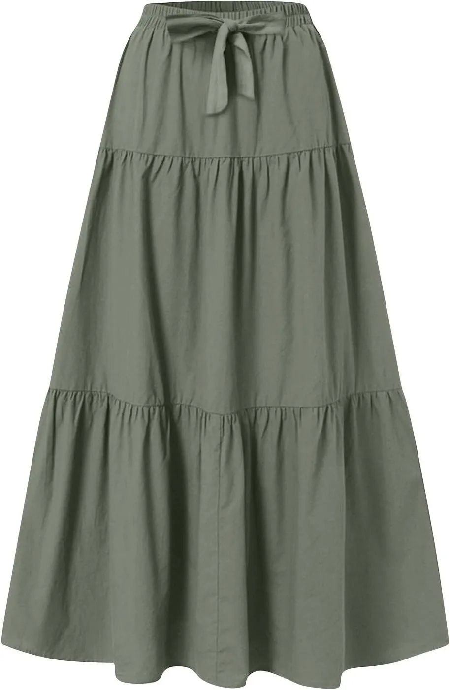 Linen Midi Skirts for Women Summer Boho Flowy Swing Tiered Long Maxi Skirt Elastic Drawstring Pleated Beach Skirt