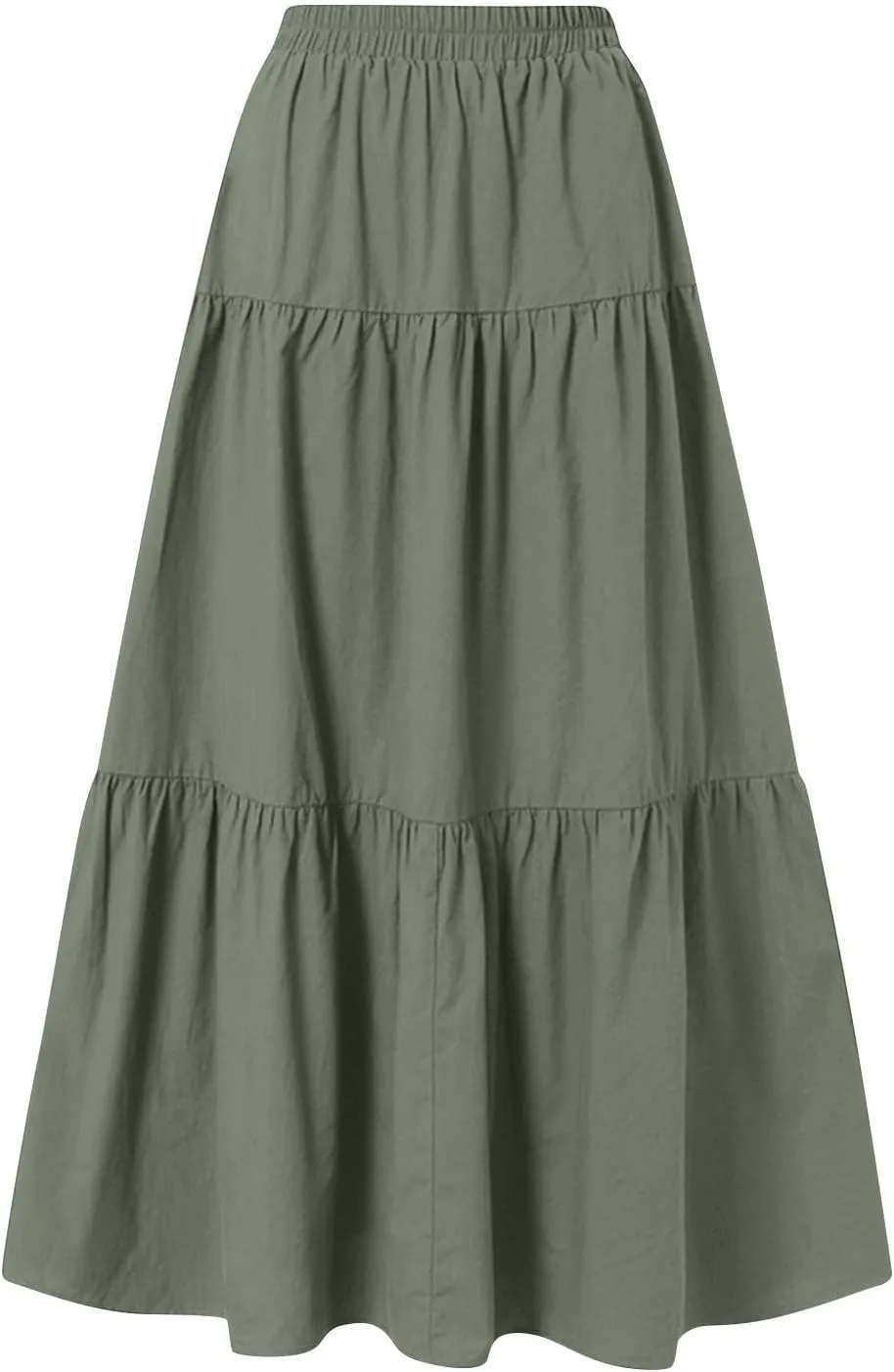 Linen Midi Skirts for Women Summer Boho Flowy Swing Tiered Long Maxi Skirt Elastic Drawstring Pleated Beach Skirt