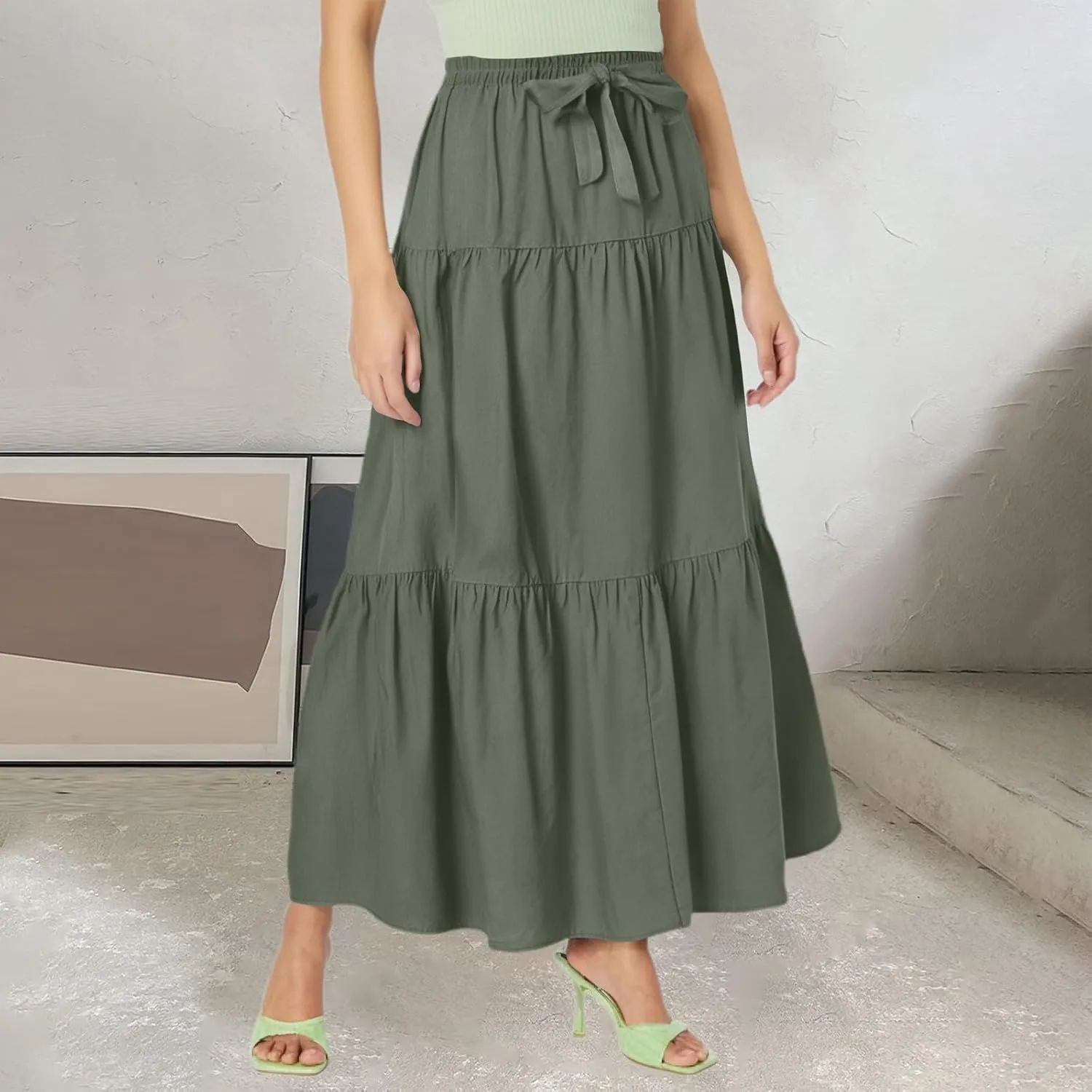 Linen Midi Skirts for Women Summer Boho Flowy Swing Tiered Long Maxi Skirt Elastic Drawstring Pleated Beach Skirt