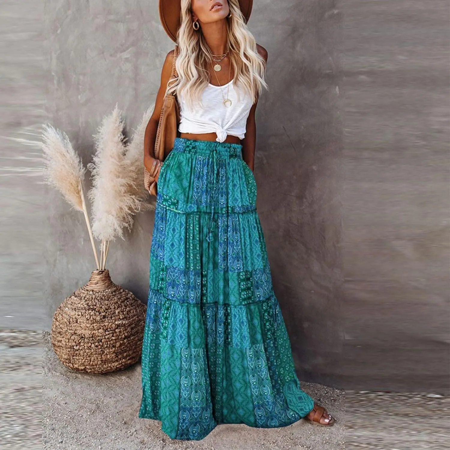 Long Skirt,Womens Boho Maxi Skirt with Pockets Linen Summer Elastic High Waisted Flowy Skirts for Women 2025