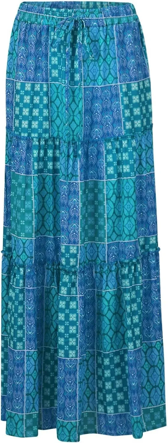 Long Skirt,Womens Boho Maxi Skirt with Pockets Linen Summer Elastic High Waisted Flowy Skirts for Women 2025