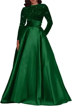 Long Sleeves Satin Prom Dresses Long for Women A Line Formal Party Gown Floor Length Sequin Evening Gowns Emerald Green US 6