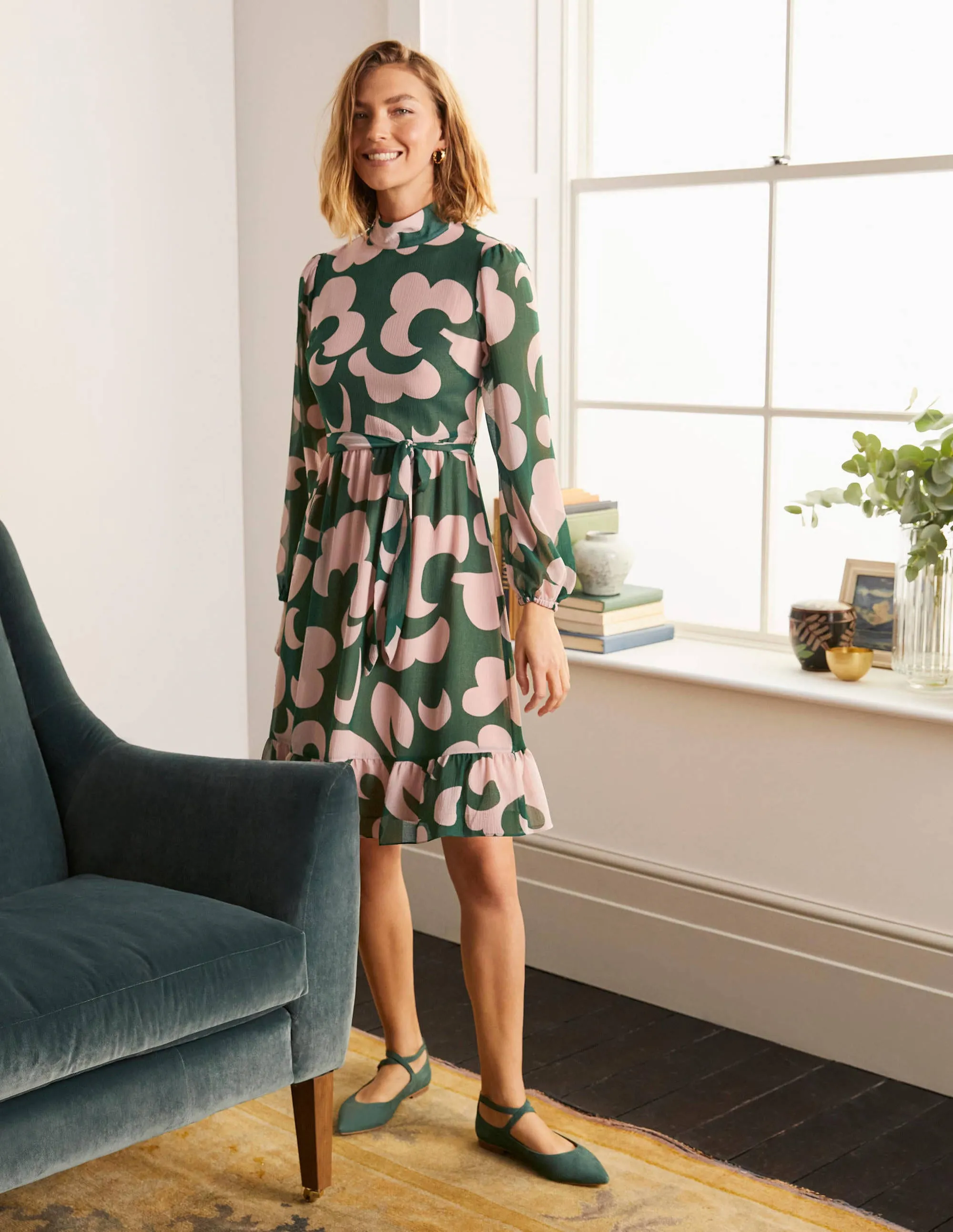 Lottie Belted Dress-Palm Leaf, Dream Cloud