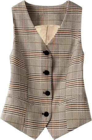 MakeMeChic Women's Plaid V Neck Button Down Vest Sleeveless Blazer Waistcoat