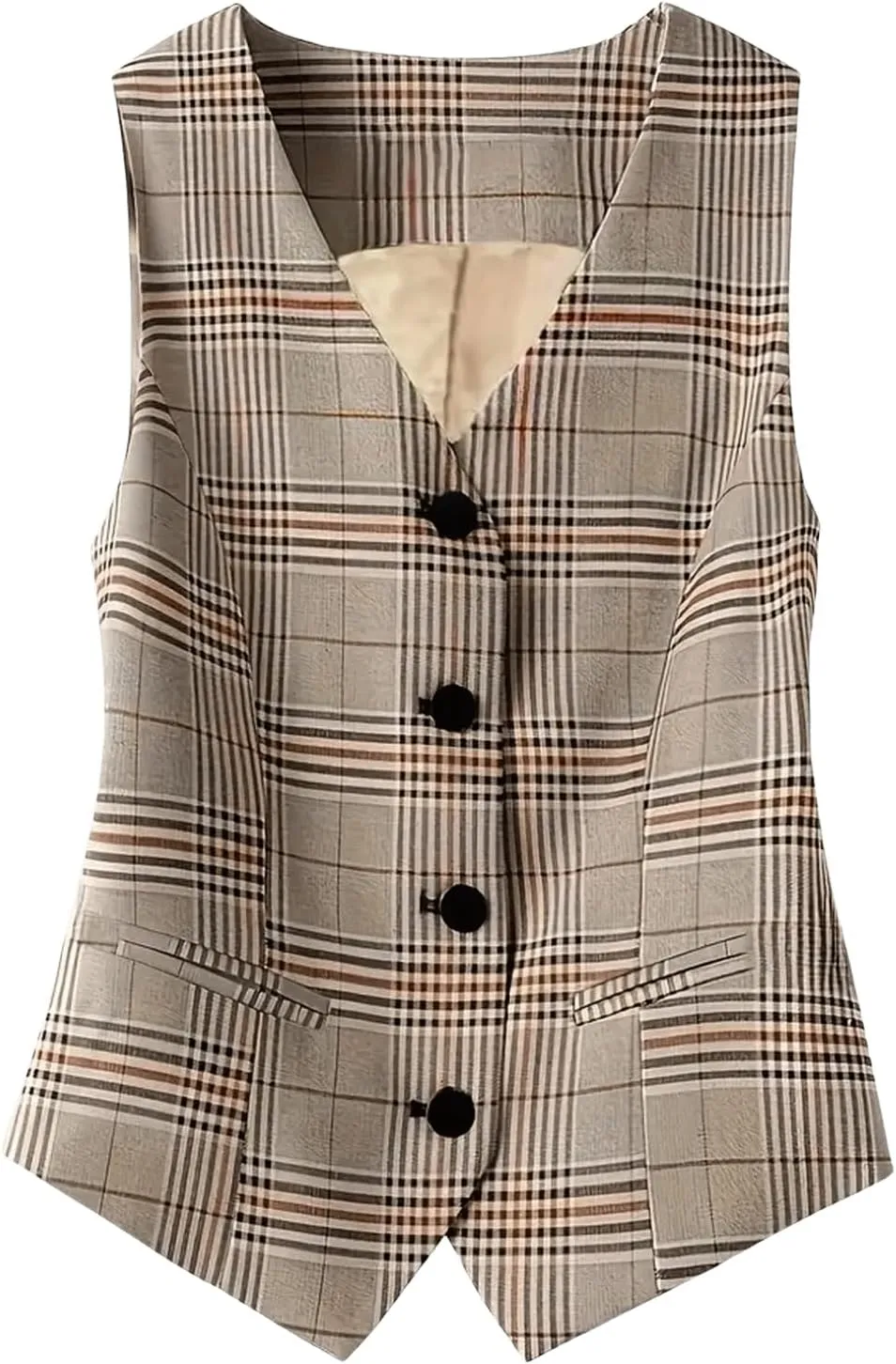 MakeMeChic Women's Plaid V Neck Button Down Vest Sleeveless Blazer Waistcoat