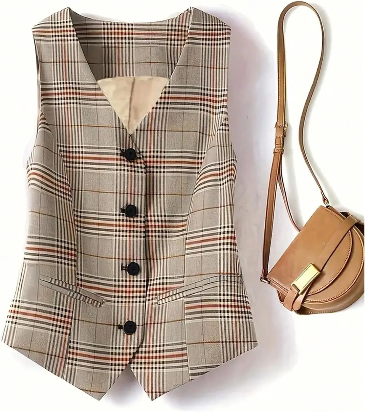 MakeMeChic Women's Plaid V Neck Button Down Vest Sleeveless Blazer Waistcoat