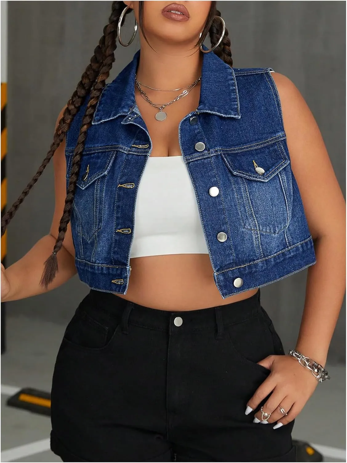 MakeMeChic Women's Plus Size Denim Vest Button Down Collared Pocket Sleeveless Crop Jean Vest