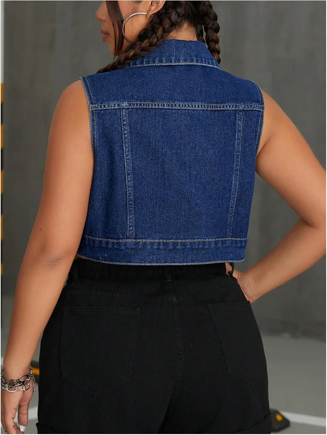 MakeMeChic Women's Plus Size Denim Vest Button Down Collared Pocket Sleeveless Crop Jean Vest