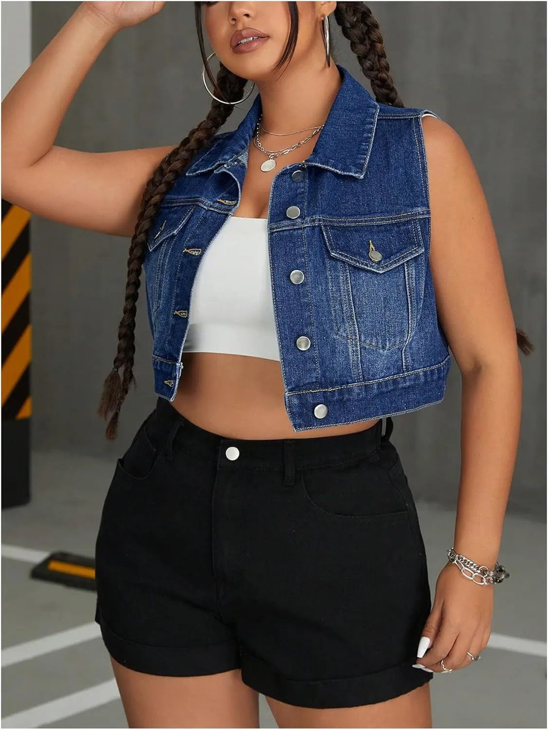 MakeMeChic Women's Plus Size Denim Vest Button Down Collared Pocket Sleeveless Crop Jean Vest