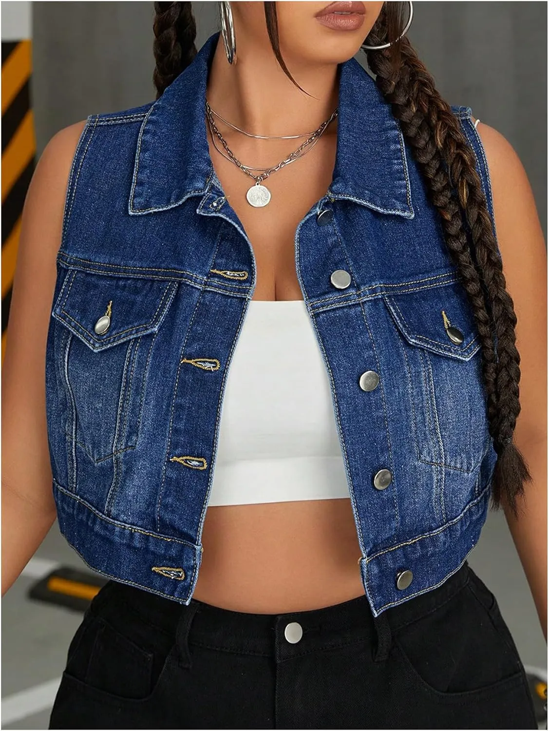MakeMeChic Women's Plus Size Denim Vest Button Down Collared Pocket Sleeveless Crop Jean Vest