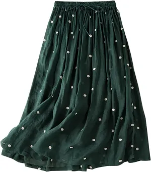 Maxi Skirts for Women Elegant Polka Dot Floral Boho Skirt Cotton Linen A-Line Swing Pleated Midi Long Skirt