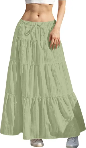 Maxi Skirts for Women Trendy Tiered A-Line Long Skirt Drawstring Elastic Waist Pleated Boho Casual Loose Clothes 2025