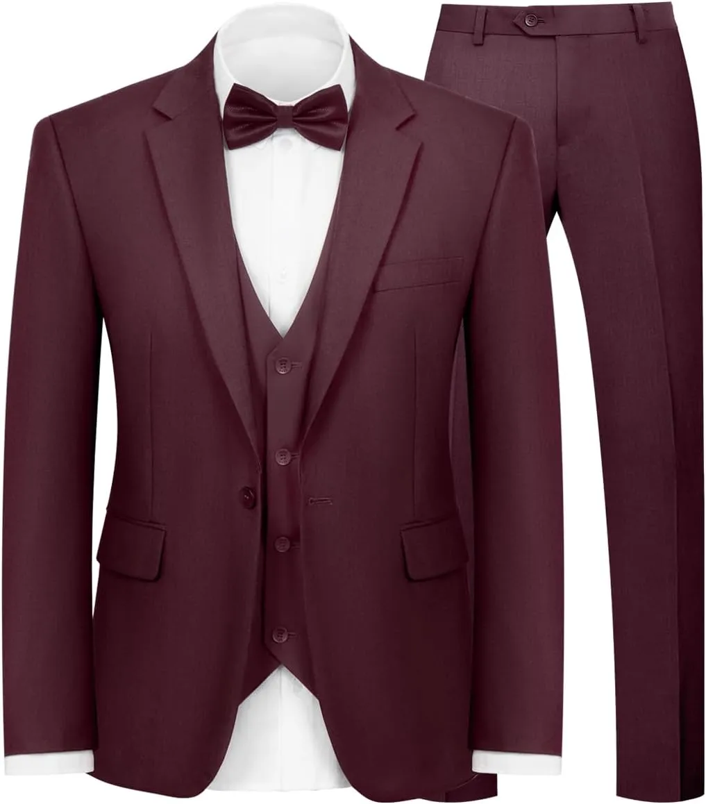 Men's 3-Piece Suit Slim Fit Suit Jacket Single Button Banquet Prom Wedding Suit Jacket Vest Pants and Bow Tie Set