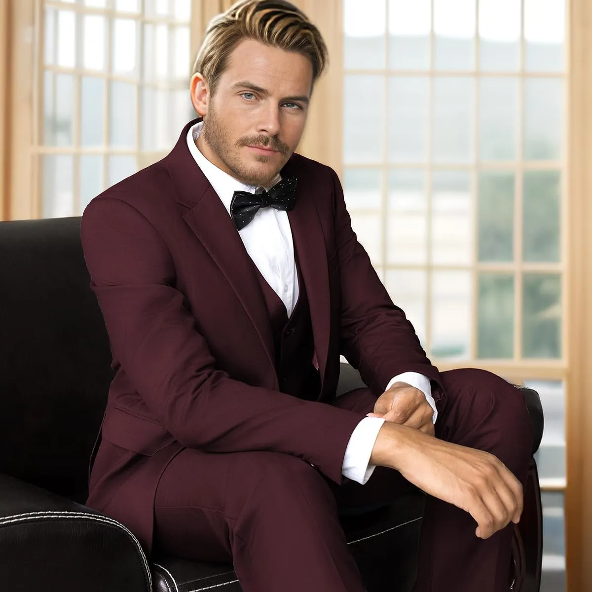 Men's 3-Piece Suit Slim Fit Suit Jacket Single Button Banquet Prom Wedding Suit Jacket Vest Pants and Bow Tie Set