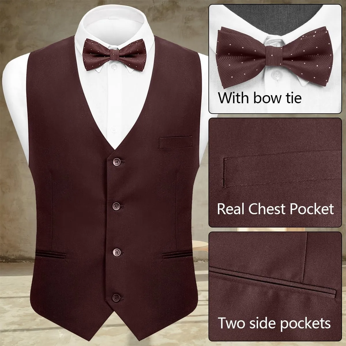 Men's 3-Piece Suit Slim Fit Suit Jacket Single Button Banquet Prom Wedding Suit Jacket Vest Pants and Bow Tie Set