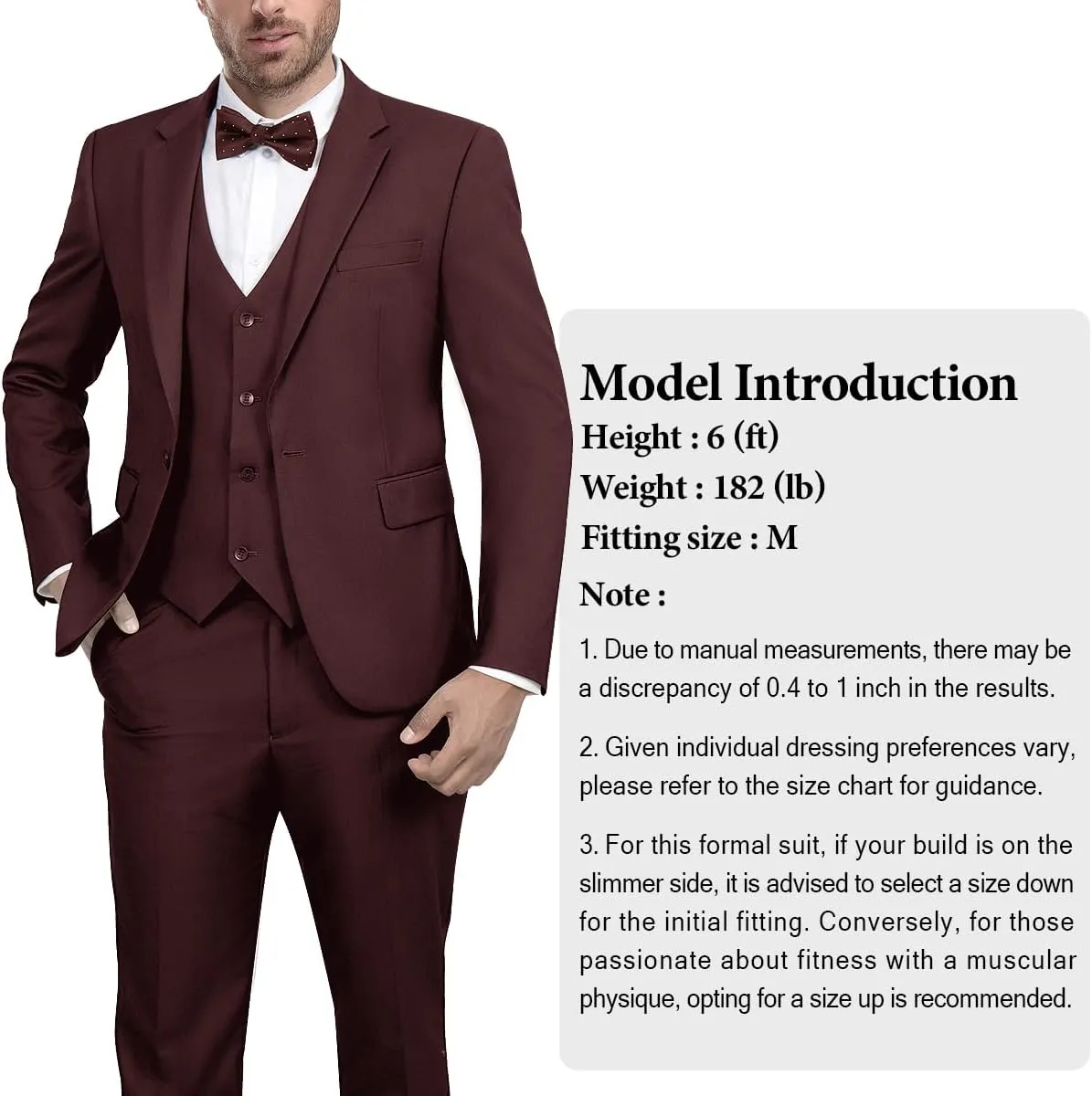 Men's 3-Piece Suit Slim Fit Suit Jacket Single Button Banquet Prom Wedding Suit Jacket Vest Pants and Bow Tie Set
