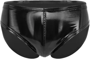 Men's Sexy Solid Color Patent Leather Briefs Low Waist Elastic Waistband Shorts Black A 4XL
