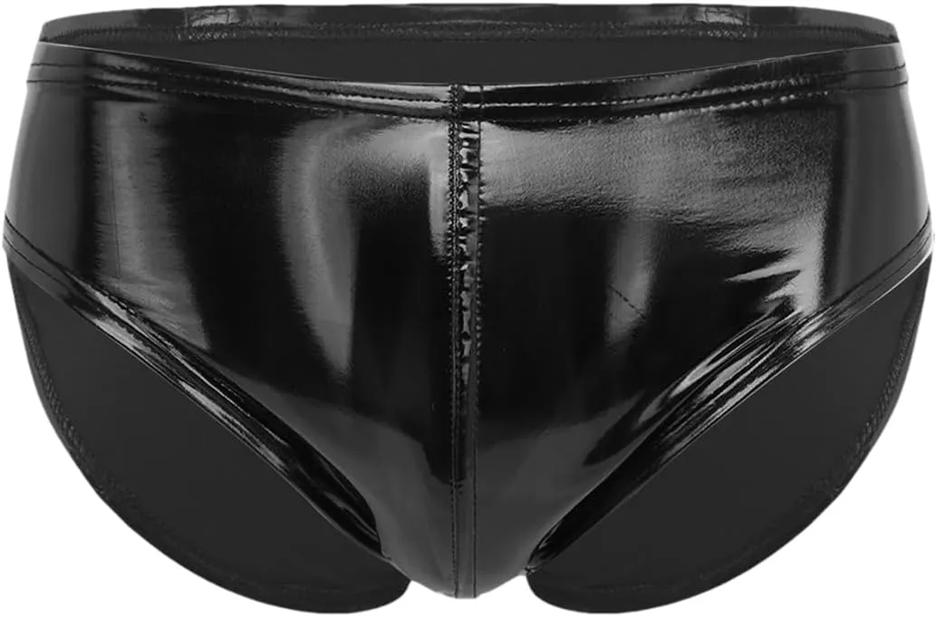 Men's Sexy Solid Color Patent Leather Briefs Low Waist Elastic Waistband Shorts Black A XXL