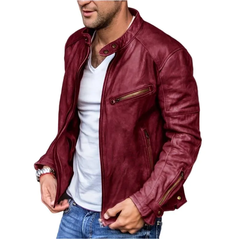 Men's Winter & Autumn PU Leather Jacket With Standing Collar