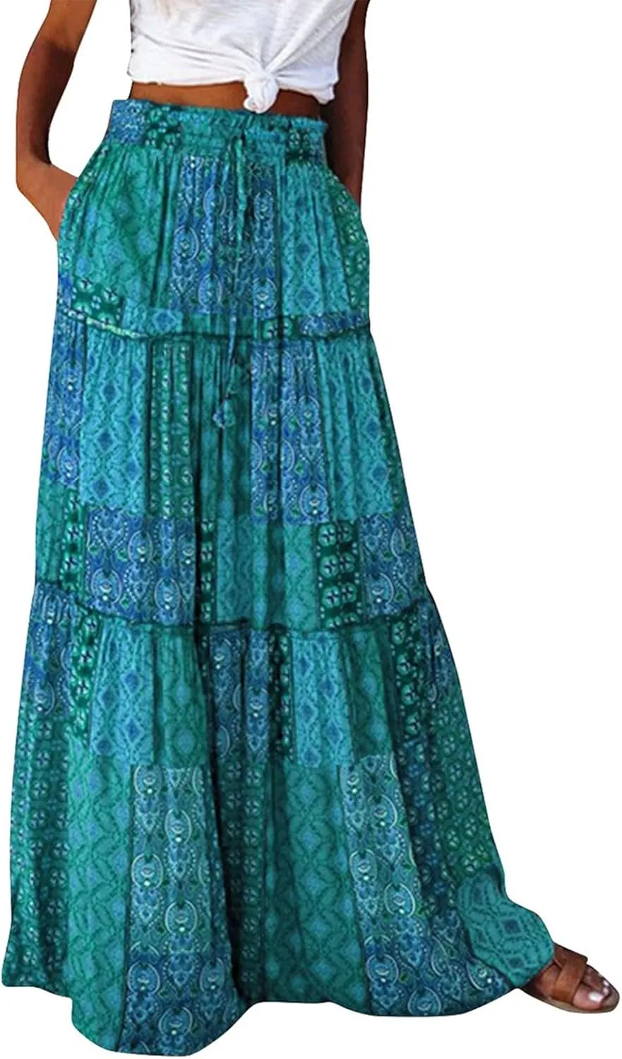 Midi Skirt,Linen Womens Boho Maxi Skirt with Pockets Trendy Flowy Long Skirts for Women 2025 Elastic High Waisted