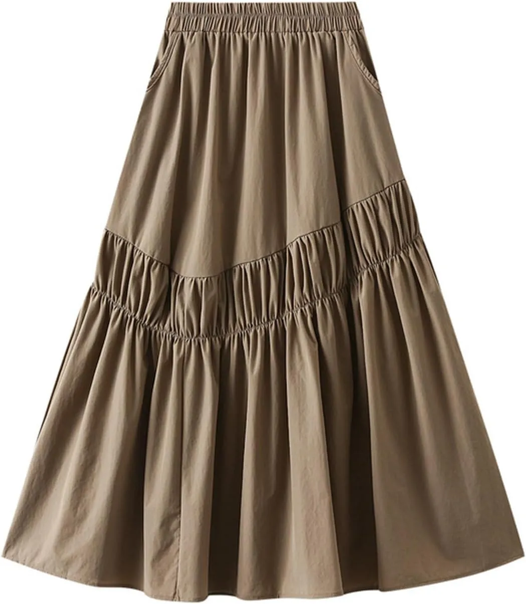Midi Skirts for Women, Ruffle Pleated Elastic Waist Knee Length Solid Color Skirt Trendy Casual Loose Cute Skirt