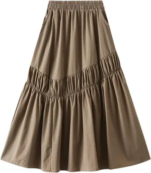 Midi Skirts for Women, Ruffle Pleated Elastic Waist Knee Length Solid Color Skirt Trendy Casual Loose Cute Skirt