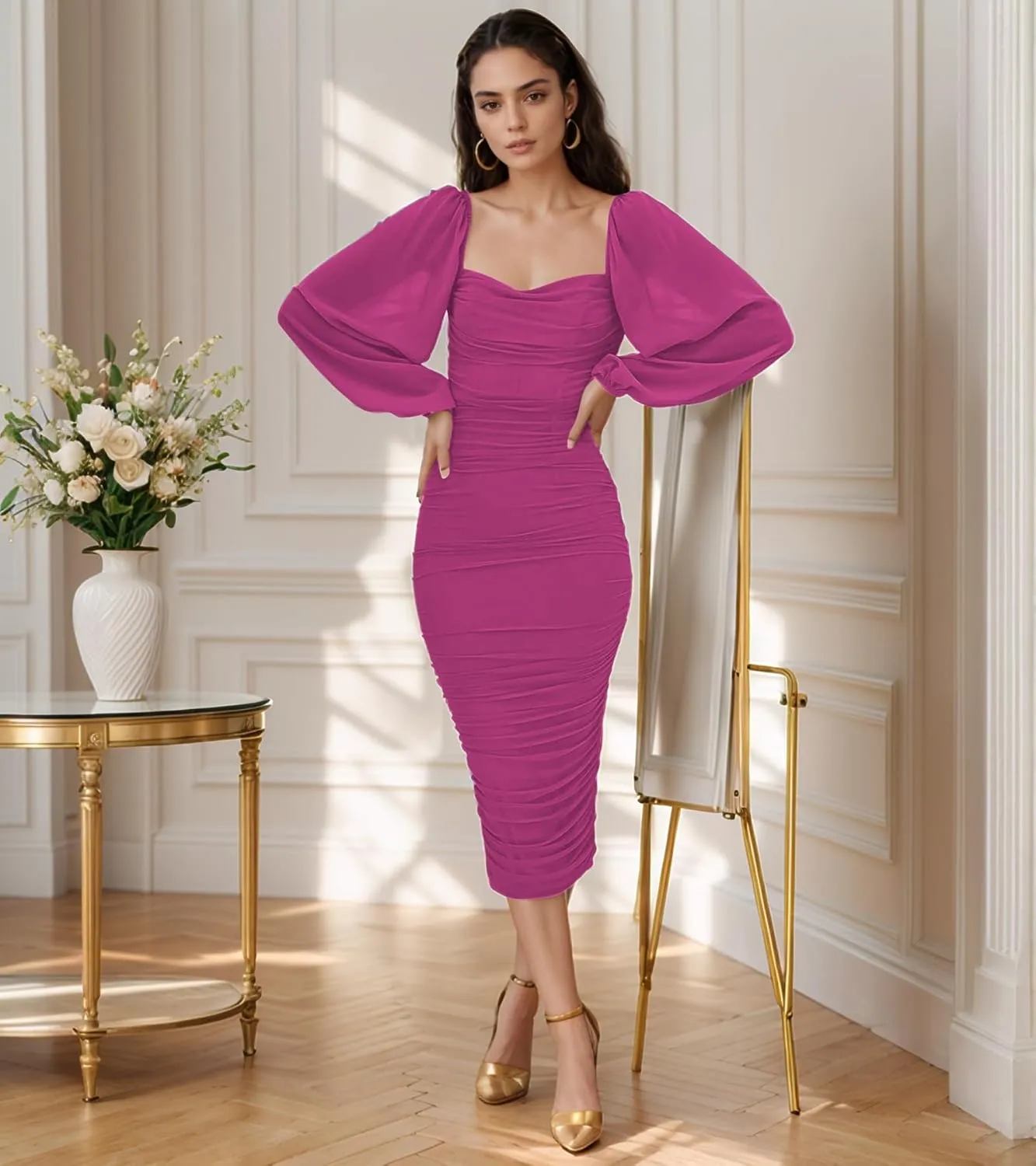 MllesReve Women Long Puffy Sleeve Midi Wedding Guest Dress Ruched Bodycon Tea Length Cocktail Party Dresses Graduation Gown
