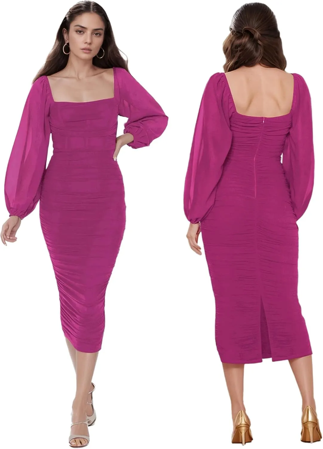 MllesReve Women Long Puffy Sleeve Midi Wedding Guest Dress Ruched Bodycon Tea Length Cocktail Party Dresses Graduation Gown