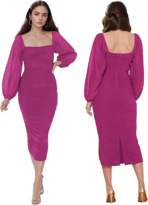 MllesReve Women Long Puffy Sleeve Midi Wedding Guest Dress Ruched Bodycon Tea Length Cocktail Party Dresses Graduation Gown