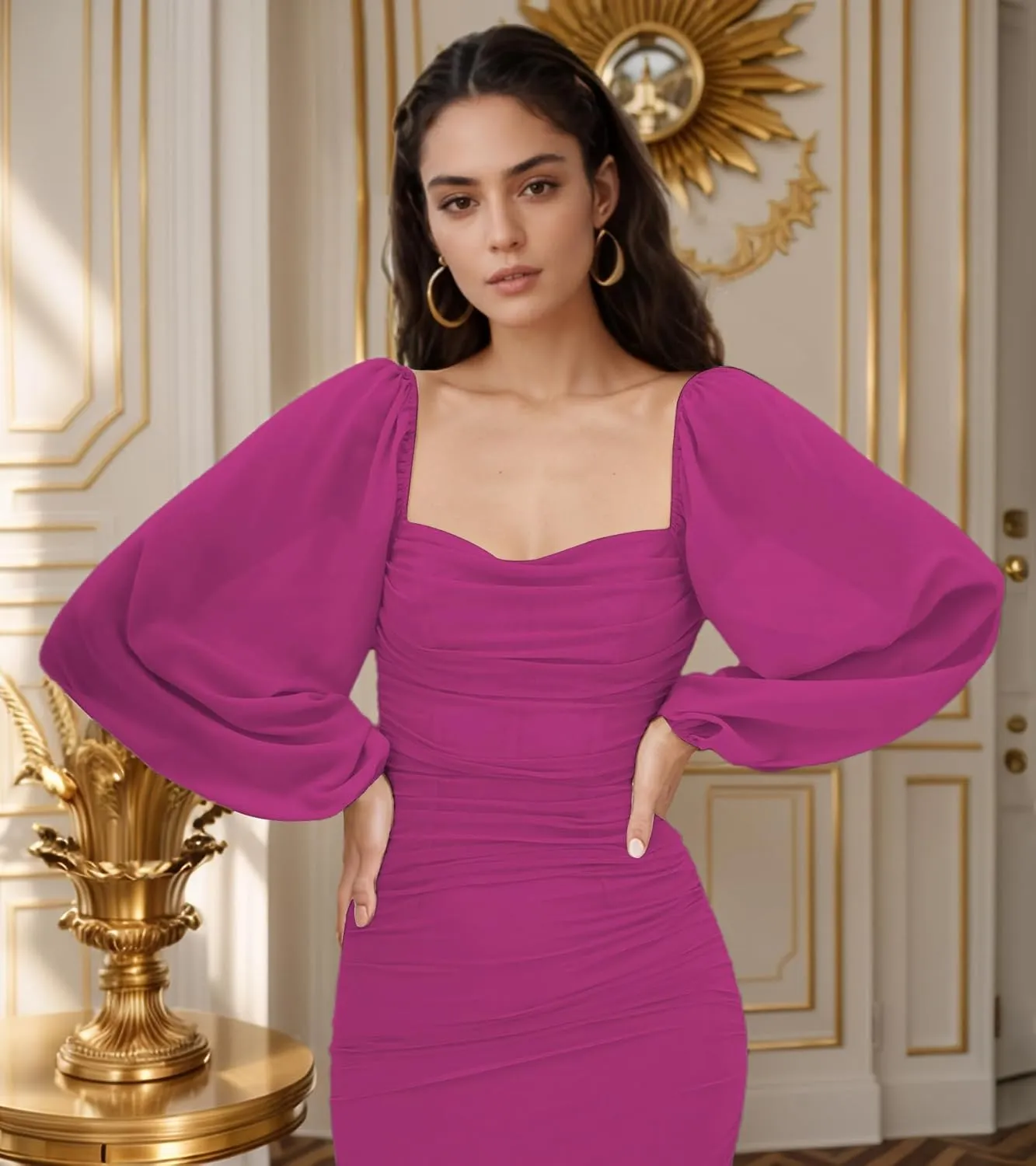 MllesReve Women Long Puffy Sleeve Midi Wedding Guest Dress Ruched Bodycon Tea Length Cocktail Party Dresses Graduation Gown