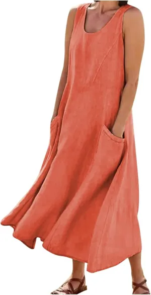 Modest Dresses for Women Casual Cocktail Dresses Summer Sleeveless Linen Pocket Dress Crewneck Solid Colour Dress