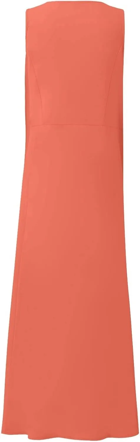Modest Dresses for Women Casual Cocktail Dresses Summer Sleeveless Linen Pocket Dress Crewneck Solid Colour Dress
