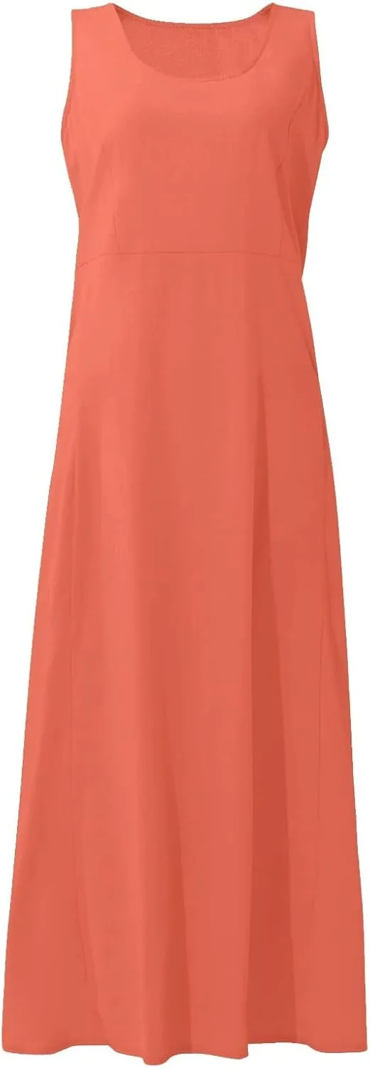 Modest Dresses for Women Casual Cocktail Dresses Summer Sleeveless Linen Pocket Dress Crewneck Solid Colour Dress