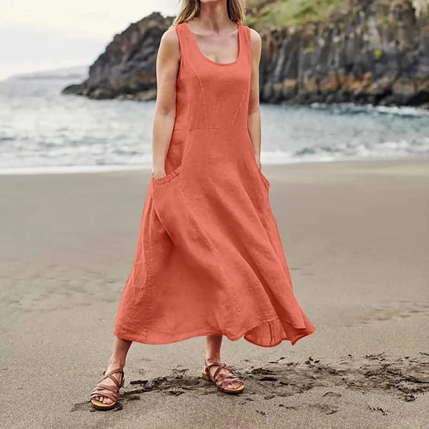 Modest Dresses for Women Casual Cocktail Dresses Summer Sleeveless Linen Pocket Dress Crewneck Solid Colour Dress