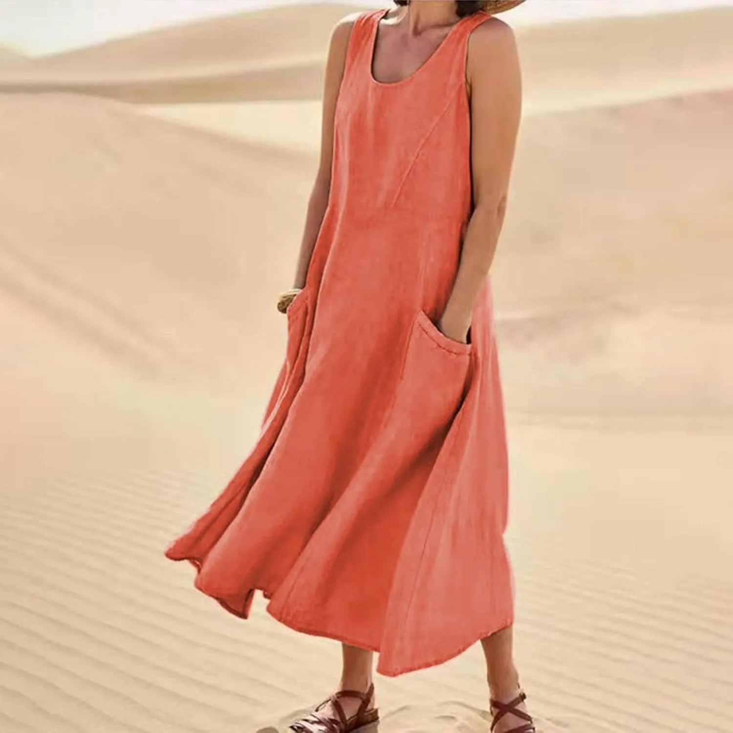Modest Dresses for Women Casual Cocktail Dresses Summer Sleeveless Linen Pocket Dress Crewneck Solid Colour Dress