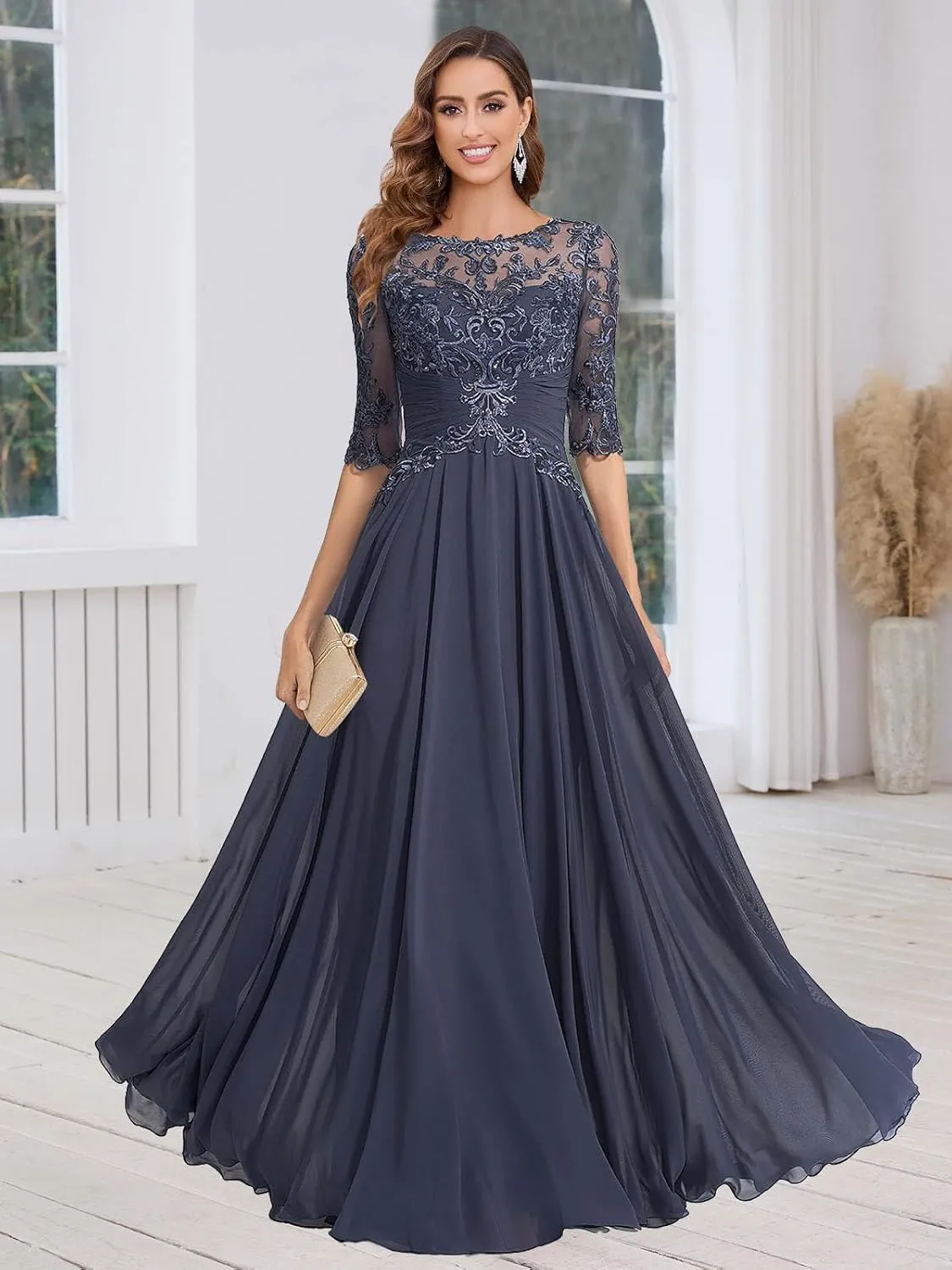 Mother of The Bride Dresses Chiffon Women's Lace Applique Wedding Dress V-Neck Half Sleeveless Formal Evening Gowns