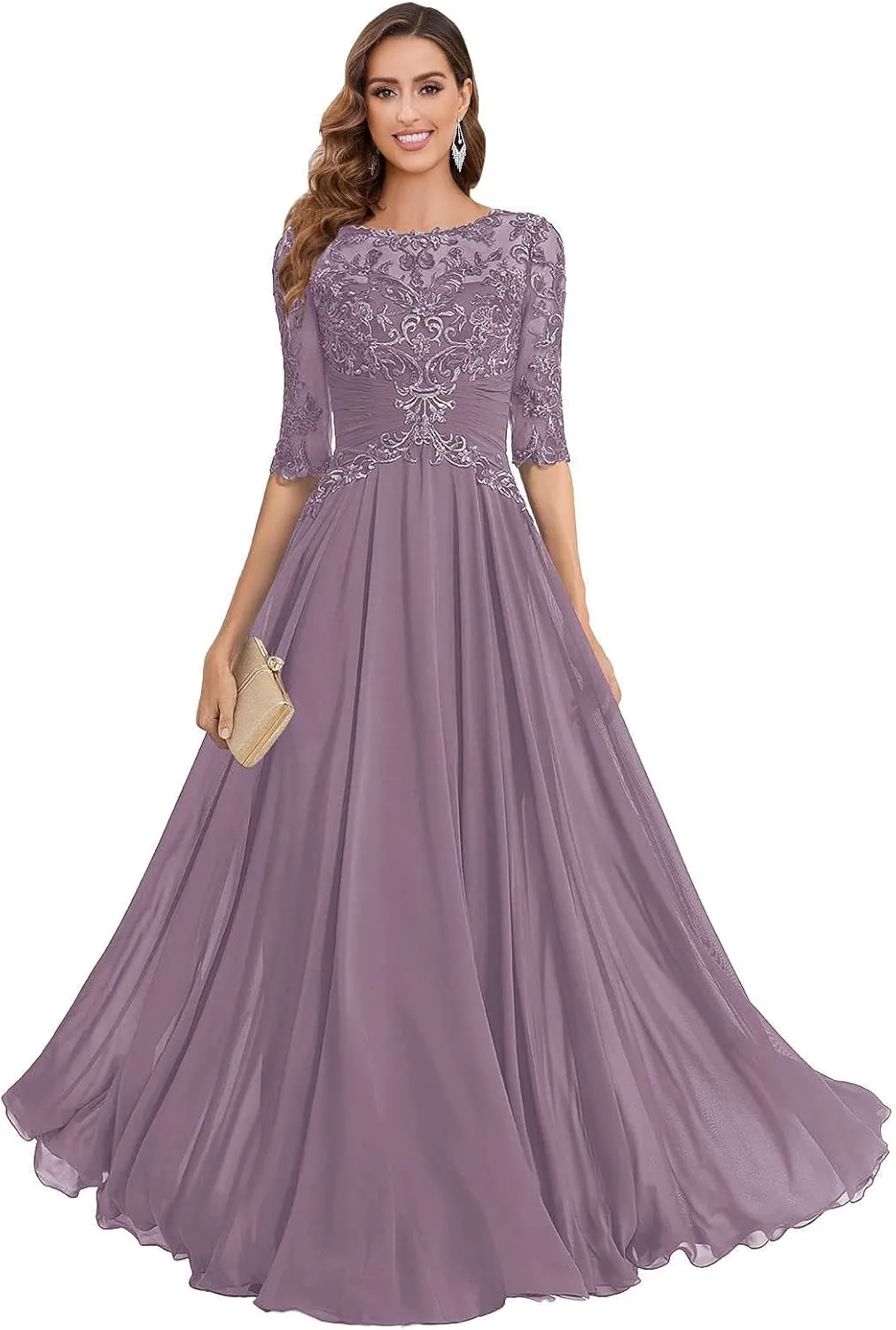 Mother of The Bride Dresses Chiffon Women's Lace Applique Wedding Dress V-Neck Half Sleeveless Formal Evening Gowns