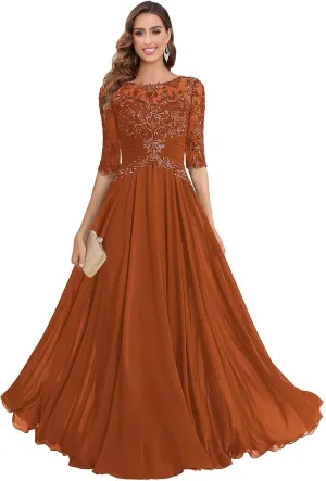 Mother of The Bride Dresses Chiffon Women's Lace Applique Wedding Dress V-Neck Half Sleeveless Formal Evening Gowns