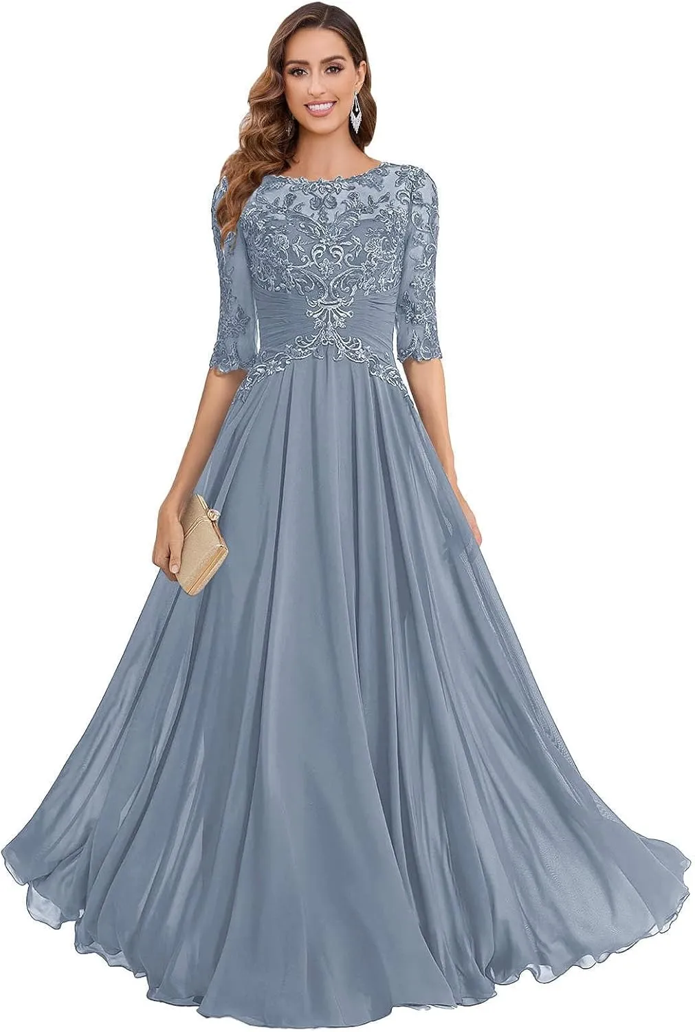 Mother of The Bride Dresses Chiffon Women's Lace Applique Wedding Dress V-Neck Half Sleeveless Formal Evening Gowns