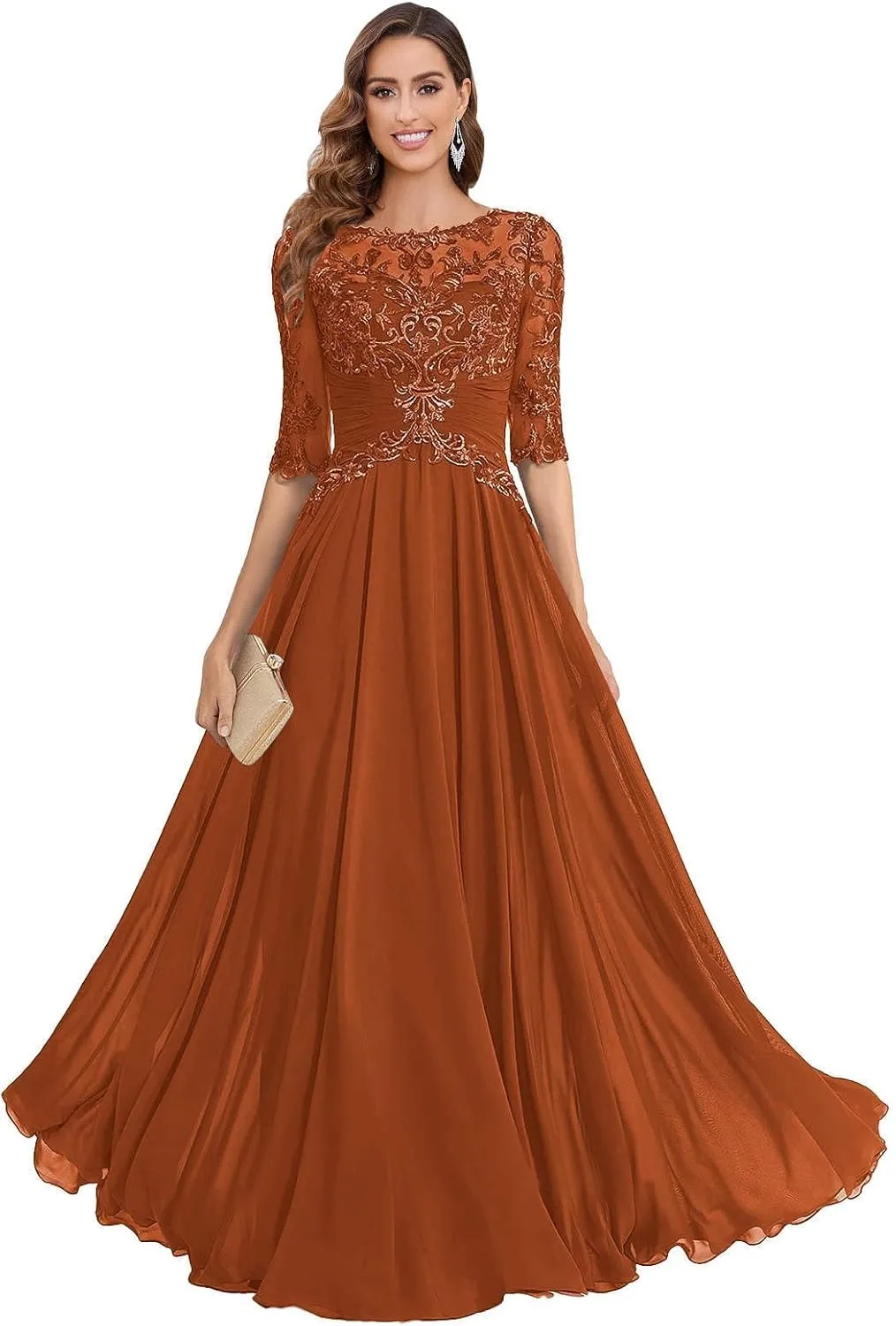 Mother of The Bride Dresses Chiffon Women's Lace Applique Wedding Dress V-Neck Half Sleeveless Formal Evening Gowns