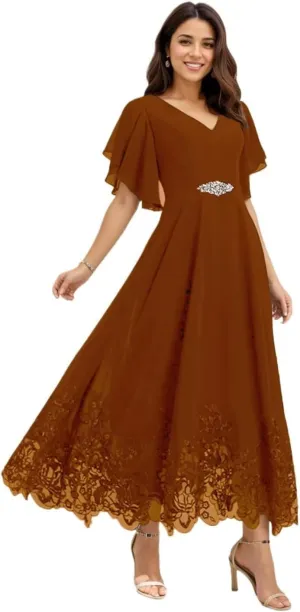 Mother of The Bride Dresses for Wedding Lace Chiffon Tea Length Formal Evening Gown with Sleeves