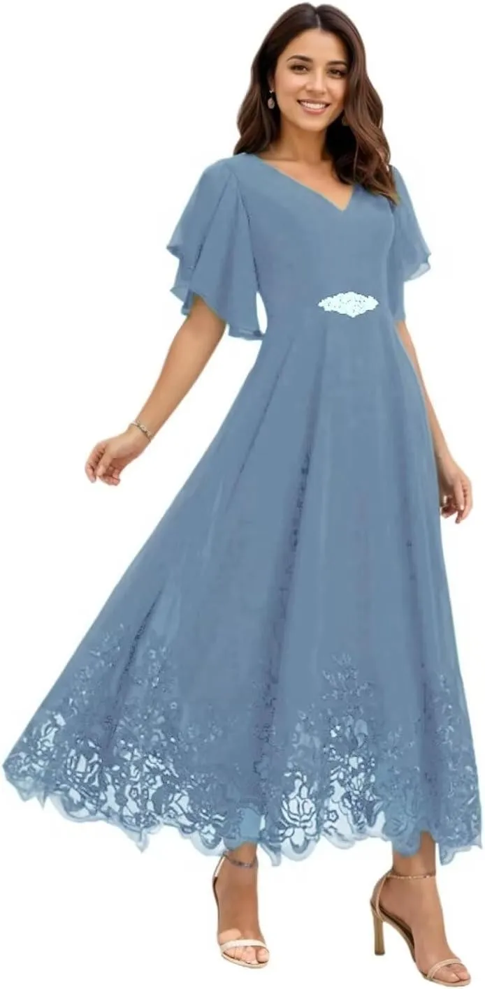 Mother of The Bride Dresses for Wedding Lace Chiffon Tea Length Formal Evening Gown with Sleeves
