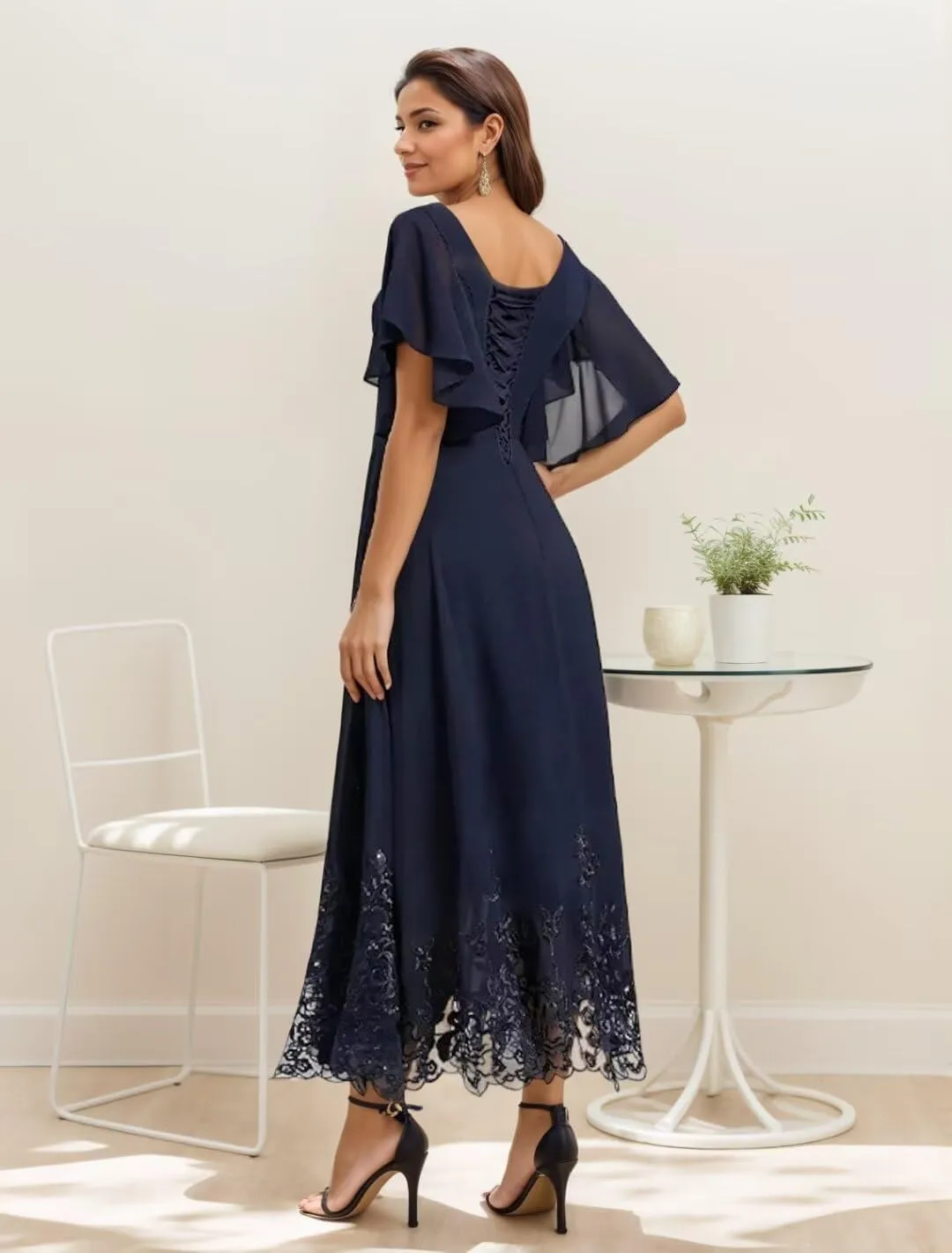 Mother of The Bride Dresses for Wedding Lace Chiffon Tea Length Formal Evening Gown with Sleeves