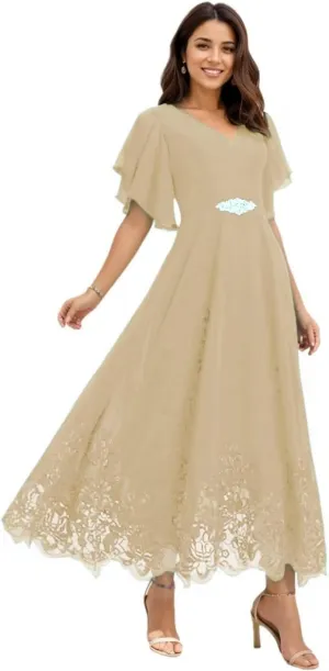 Mother of The Bride Dresses for Wedding Lace Chiffon Tea Length Formal Evening Gown with Sleeves