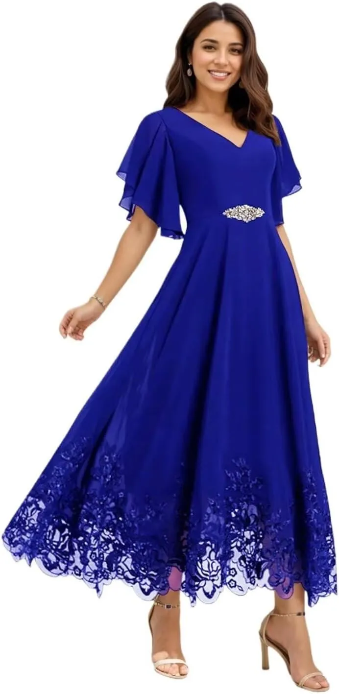 Mother of The Bride Dresses for Wedding Lace Chiffon Tea Length Formal Evening Gown with Sleeves