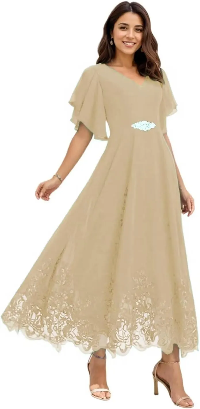 Mother of The Bride Dresses for Wedding Lace Chiffon Tea Length Formal Evening Gown with Sleeves