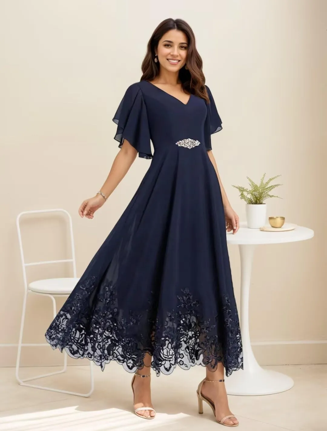 Mother of The Bride Dresses for Wedding Lace Chiffon Tea Length Formal Evening Gown with Sleeves