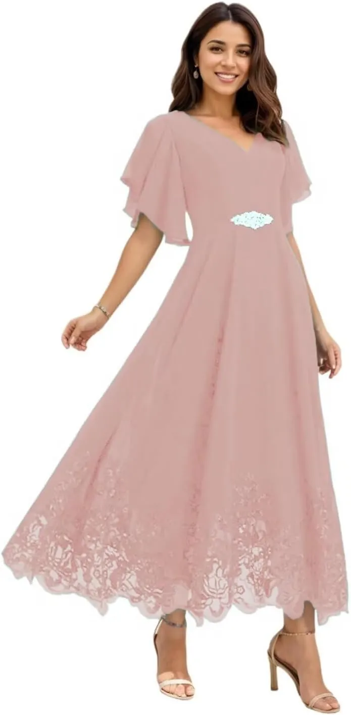 Mother of The Bride Dresses for Wedding Lace Chiffon Tea Length Formal Evening Gown with Sleeves