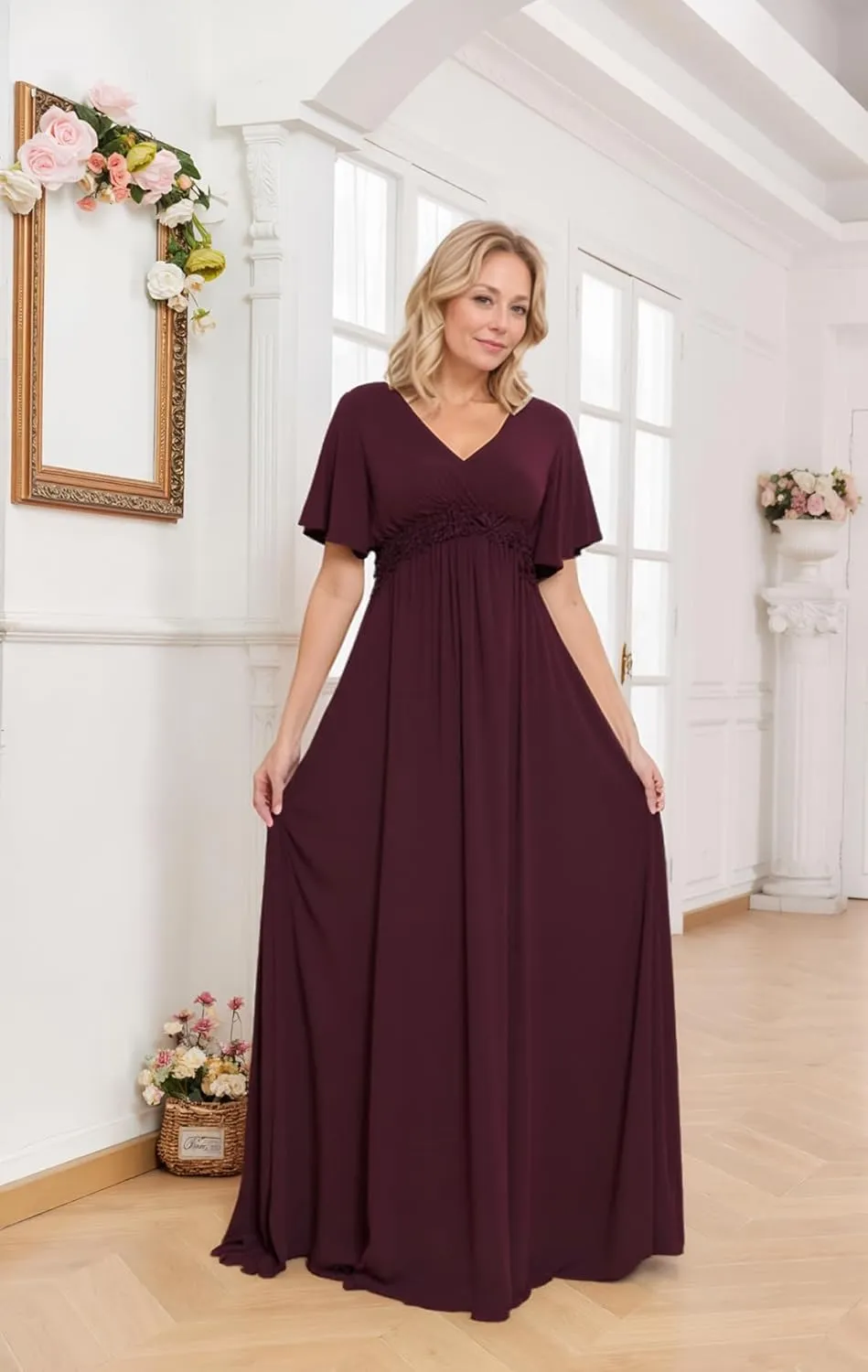 Mother of The Bride Dresses with Short Sleeves Chiffon Formal Evening Dress Long Lace Appliques Wedding Guest Dresses